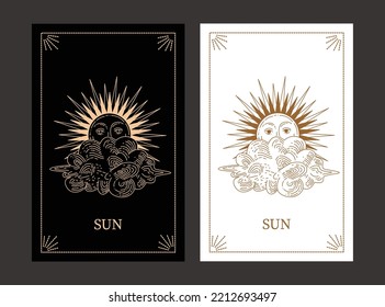 Tarot cards. vector linear illustration of sun and cloud. Hand-drawn celestial illustrations. The sun is hiding behind a cloud. Design elements for decoration in modern style. magical drawings.