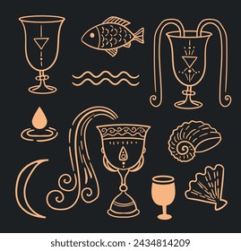 Tarot cards, vector vintage magic symbols sign of cups. Isolated golden elements on dark background: cup, bowl, fish, water, moon, shell. For web, fabric, cards and typography.