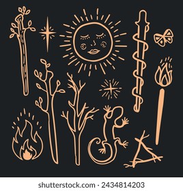 Tarot cards, vector vintage symbols sign of wands. Isolated golden elements on dark background: wands, branches, fire, sun, star, salamander. For web, fabric, cards and typography.