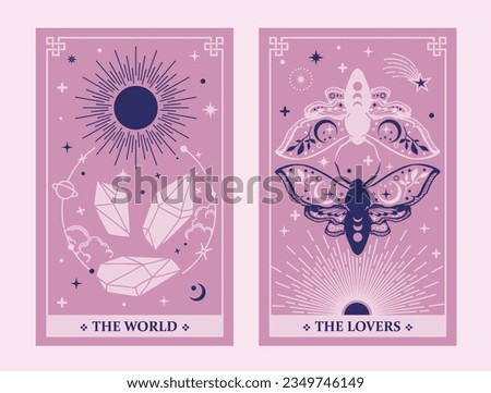 Tarot cards The World and The Lovers, Celestial Tarot Cards Basic witch tarot surrounded by moon and stars. Vector illustration.
