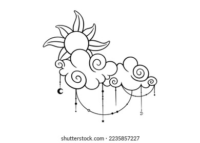 Tarot cloud sketch for astrology, tarot and magic designs. Tarot sunrise celestial symbol. Vector illustration isolated in white background