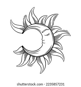 Tarot crescent moon sketch. Aesthetic tarot moon with face. Vector illustration isolated in white background