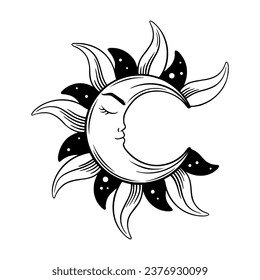 Tarot crescent moon sketch. Aesthetic tarot moon with face. Vector illustration isolated in white background