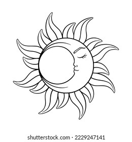 Tarot crescent moon sketch. Decorative tarot moon with face. Vector illustration isolated in white background
