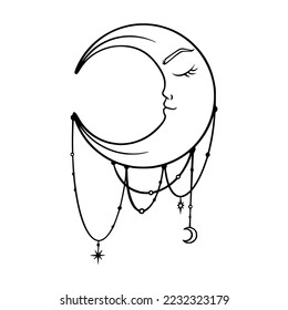 Tarot crescent moon sketch. Spiritual tarot moon with face. Vector illustration isolated in white background