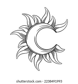 Tarot crescent moon sketch. Spiritual tarot moon or sun eclipse. Vector illustration isolated in white background