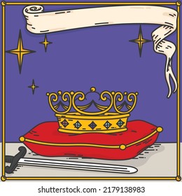 tarot crown dusk night border retro old line art etching vector