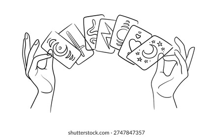 Tarot deck of cards with hands, continious line drawing. Magic, esotericism, witch, occultism line art. Vector illustration