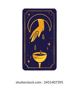 Tarot divination. Ace of cups with esoteric golden hand, moon, blood. Dark back card with gold spiritual symbols. Clairvoyance, astrology, fortune telling concept. Flat isolated vector illustration