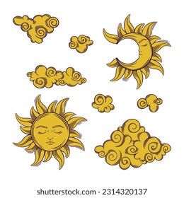 Tarot esoteric sun, crescent moon and clouds. Tarot set with golden celestial symbols. Vector illustration isolated on white backround