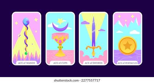 Caricatura plana Tarot puso a Taro el Arcana Menor, razas de varas, pentáculos, tazas y espadas. ilustración vectorial. conjunto de signos espirituales con magia esotérica y símbolos astrológicos. Ggr de color aislado