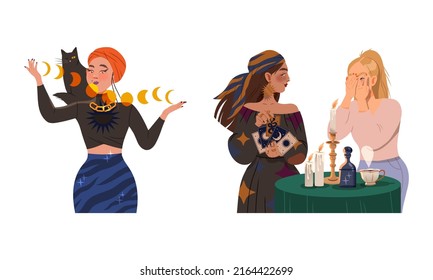 Tarot fortune teller and astrologer forecasting future vector illustration
