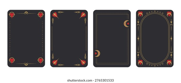 Tarot frame templates decorated with red hearts and celestial elements. Set of decoration borders for tarot cards. Vector illustration