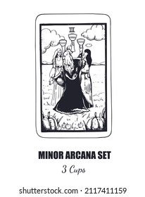 Tarot hand drawn  Minor Arcana vector set. 3 of Cups 