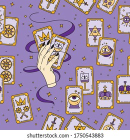 Tarot illustration. Seamless pattern. Fortune telling on tarot cards, prediction, witch, female hand with black nails, fortuneteller, Halloween  