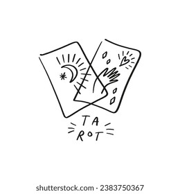 Tarot logo or label, magic cards reader, hand-drawn sketch brush simple minimal print for magical esoteric souvenirs. Witchy female hand drawn magic love fortune spell occultism concept.