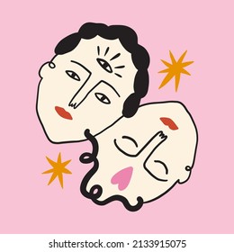 Tarot Lovers, twins Zodiac funky ugly Valentines faces, groovy cute comic characters. Boho doodle modern print funny handdrawn childish art. Vector EPS and JPG.