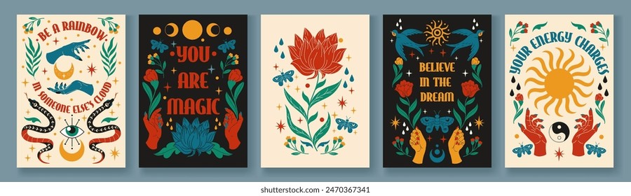 Tarot magic. Boho card, mystic poster, plant bohemian style and female hands. Sun vintage, flower and snake, quote, esoteric graphic, cosmic graphic. Vector art retro background tidy abstract set