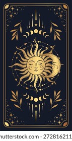 Tarot mágico marco de la tarjeta de la cubierta. Decoración esotérica del misterio celestial con el sol, las estrellas y la luna en fondo azul