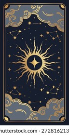Quadro de cartão de cobertura mágica de Tarot. Decoração esotérica de mistério celestial com sol, estrelas e lua sobre fundo azul