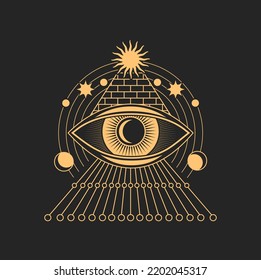 Símbolo mágico tarot, pronóstico ojo amuleto étnico. Ojo de tatuajes vectoriales con pirámide egipcia, luna y estrella, signo de visión de ocultismo, vista tribal todos