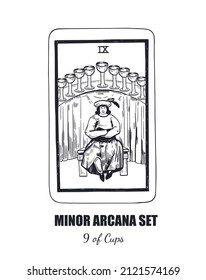 Tarot  Minor Arcana vector set. 9 of Cups . Hand drawn illustration