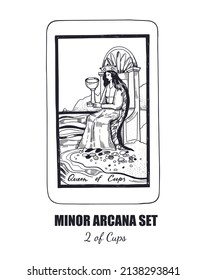 Juego de vectores Tarot Menor Arcana. Reina de las copas. Ilustración dibujada por mano