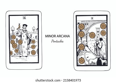 Tarot  Minor Arcana vector set pentacles . Hand drawn illustration