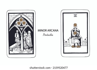 Tarot  Minor Arcana vector set pentacles . Hand drawn illustration