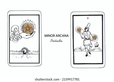 Tarot  Minor Arcana vector set pentacles . Hand drawn illustration
