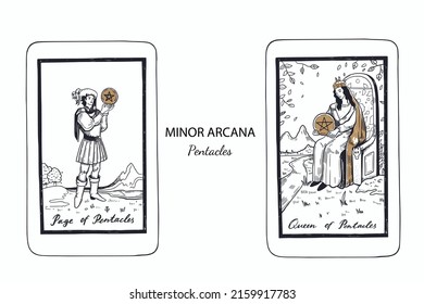 Tarot  Minor Arcana vector set pentacles . Hand drawn illustration