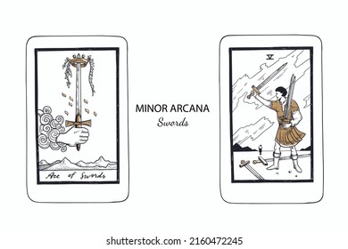 Tarot Minor Arcana Vektorset Schwerter . Handgezeichnete Illustration