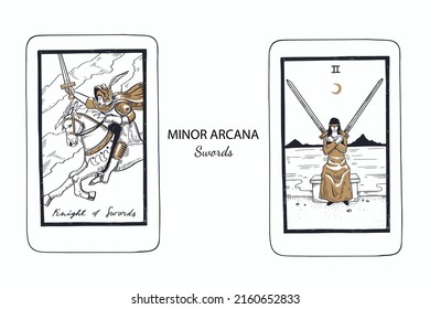 Tarot  Minor Arcana vector set swords . Hand drawn illustration