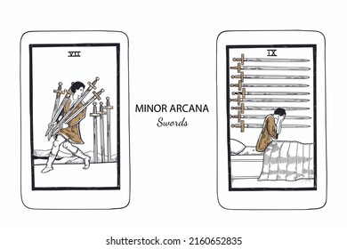 Tarot  Minor Arcana vector set swords . Hand drawn illustration