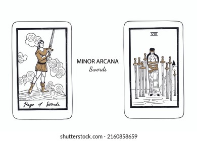 Tarot  Minor Arcana vector set swords . Hand drawn illustration