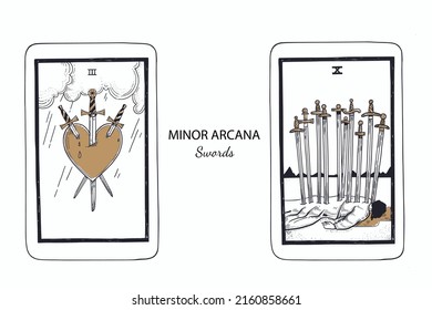 Tarot  Minor Arcana vector set swords . Hand drawn illustration