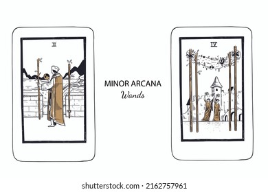 Tarot  Minor Arcana vector set wands . Hand drawn illustration