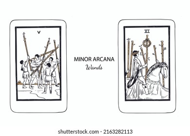 El conjunto de vectores Tarot Menor Arcana se desvanece. Ilustración dibujada por mano