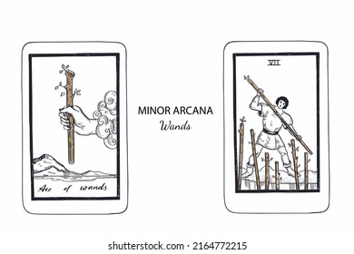 Tarot  Minor Arcana vector set wands . Hand drawn illustration