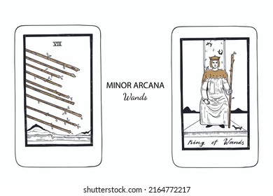 Tarot  Minor Arcana vector set wands . Hand drawn illustration