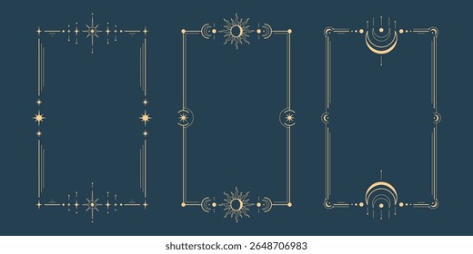 Quadro de lua de tarô definido com bordas celestes douradas - estrelas místicas, símbolos do sol, crescentes decorando modelos de cartão retangular. Elegantes desenhos ocultos para cartões de astrologia e arte esotérica.