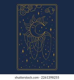 Tarot mystic golden card. Occult tarot design for oracle card covers. Vector illustration isolated in blue background