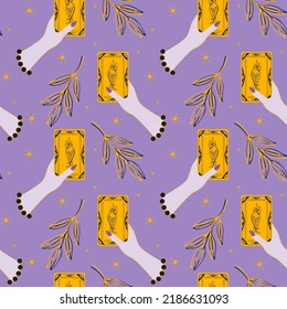 Tarot pattern card hand of female fortune teller, potion crystals magic bottle witchcraft. Vector illustration
