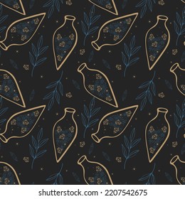 Tarot Muster Luxus dunkelblau-goldener Hintergrund Tränke Kristalle magische Flasche Hexerei Zauberei, doodle Element. Vektorgrafik