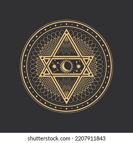 Tarot pentagram, moon, sun and star symbols, mystic magic and alchemy, vector occult sign. Esoteric circle with pyramid pentagram, sacred geometry sign of occult and magic tarot