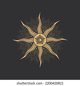 Tarot pentagram symbol of sun, moon for esoteric magic and sacred geometry, vector pentacle. Alchemy, occult and mystic pentagram with celestial circle, esoteric tarot symbol and ritual sign