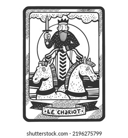 Tarot playing card chariot sketch engraving vector illustration. T-shirt apparel print design. Scratch board imitation. Black and white hand drawn image.