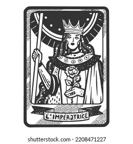 Tarot playing card Empress sketch engraving vector illustration. Scratch board imitation. Black and white hand drawn image.