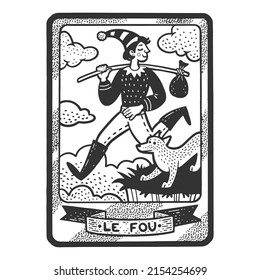 Tarot playing card fool jester sketch engraving vector illustration. T-shirt apparel print design. Scratch board imitation. Black and white hand drawn image.