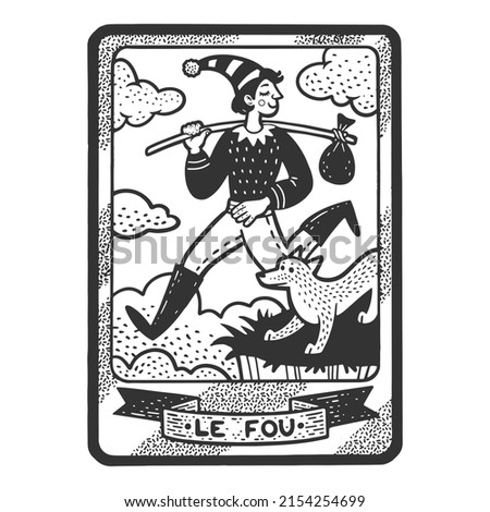 Tarot playing card fool jester sketch engraving vector illustration. T-shirt apparel print design. Scratch board imitation. Black and white hand drawn image.